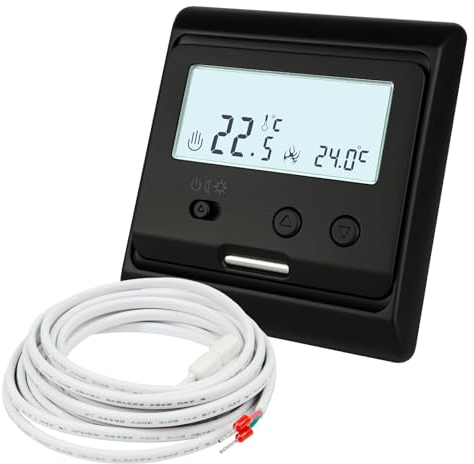 24V AC/DC Thermostat Temperaturregler Unterputz, schwarz, INT. und EXT. Sensor, optimal für elektrische Fußbodenheizung im Wohnwagen/Wohnmobil