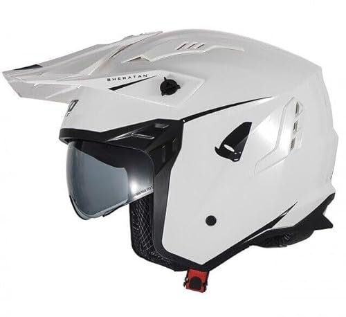 Casco cross enduro aperto Jet Sheratan con visiera parasole a scomparsa Trial Street Scooter Moto Bianco TAGLIA XS