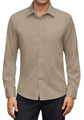 siliteelon Shirts for Men Adult Long Sleeve Khaki Mens Casual Shirt for Men UK Dress Formal Non Iron Business Work Mens Shirts S