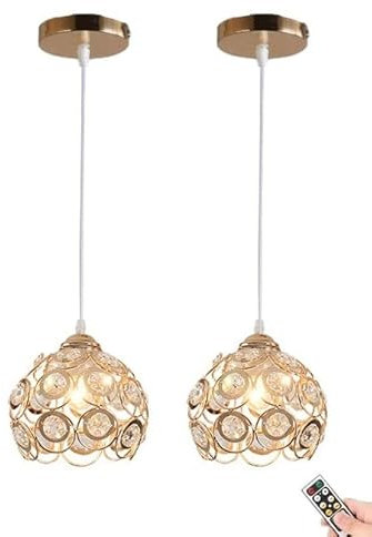 Rechargeable Battery Operated Pendant Light with Remote & Bulb, Crystal No Wiring Ceiling Hanging Lamp, Not Hardwired Pendant Lighting Fixture for Kitchen Island Dining Table Living Room Bedroom(Gold,