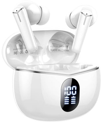 Auricolari Bluetooth 5.3 Con Driver da 14.2mm, Cuffie Wireless Con Bassi Immersivi, 36H di Autonomia, Display LED, IP7 Impermeabili, Bianco
