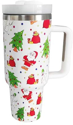 1200ml Weihnachtsbecher mit Henkel, Edelstahl Vakuumisolierter Becher, Weihnachtswichtel Kaffeetasse Reisebecher, Heiße und Kalte Getränke, für Weihnachtsfeier Geschenk Kinder Erwachsene (Weiß)