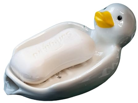 HSTWODE Keramische Enten Tier Seifenschale, Keramische Seifenschale, selbstentwässernde Seifenhalter für Dusche Badezimmer Badewanne Küche Waschbecken Keramik Tablett Halter (Weiß)