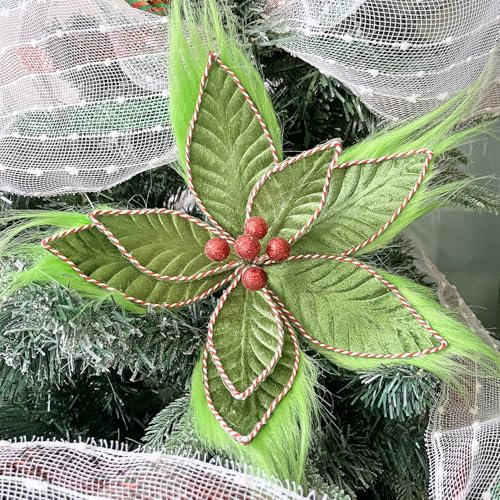 2 Pcs Plush Christmas Tree Flowers, 30cm Large Fluff Christmas Flower for Tree Decorations Christmas Tree Poinsettia Decorations Furry Flower Ornaments for Xmas Home Decor Christmas Tree (Green)