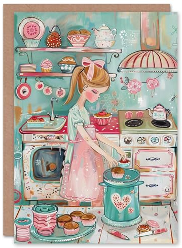 Artery8 Little Pastry Chef Girl Baking Cakes Watercolour For Child Kids Birthday Card