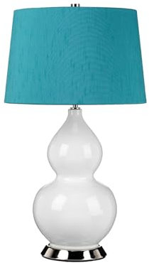 Licht-Erlebnisse Tischlampe Weiß Petrol 64 cm hoch aus Keramik Stoff Retro E27 Nachttischlampe Schlafzimmer Tischleuchte Wohnzimmer