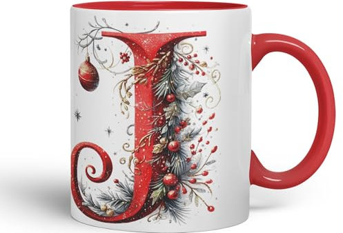 Vixar Red Letter J ChristmasDesigns Alphabet Monogram Lettersjoke sarkasm Sarcastic Ceramic Coloured Mug Cup for Tea Coffee Hot Brew 330ml 11Oz Gift