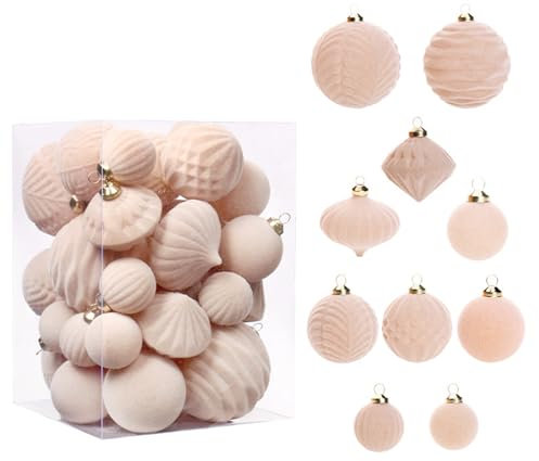 Fouriding 35pcs Beflockt Weihnachtskugeln Set,Weihnachtsschmuck beflockte Kugeln Kugeln Weihnachtsbaum Anhänger Hängende Dekorationen für Xmas Tree Weihnachtsfeier Weihnachtsdekoration (Beige)