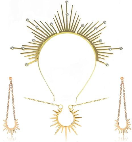 BCVSER 3 Stück Haarreif Sonne Haarreif Gold Haarschmuck, Sonne Halskette, Goldene Göttin Sonnenkrone Kopfschmuck für Frauen, Hochzeitskostüm, Cosplay Party, Göttinnen Zubehör