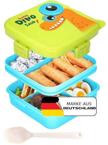 Brotdose Kinder mit 6 Fächern | Auslaufsichere Box Brotbox für Mädchen & Jungen | Perfekt für die Schule, Kindergarten, Ausflüge oder Unterwegs | Pausenbox mit Schale Bento Box (Grüner Dinosaurier)