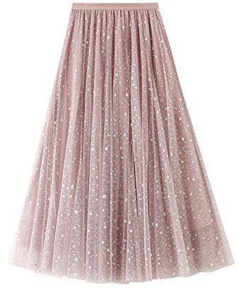 Jupe en tulle à paillettes pour femme - Jupe longue plissée - Taille haute - Jupe trapèze - Jupe plissée - Costume de carnaval - Jupe pour Halloween, carnaval, fête, Rose, taille unique