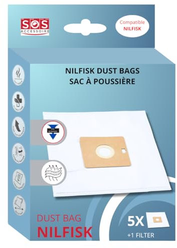 SOS Accessoire Nilfisk 5 Sacs Aspirateur + Pré-Filtre - Compatible COUPE/COMPACT/GO/FORCE (78602600/22422400) (1) Aspirateur SOS ACCESSOIRE