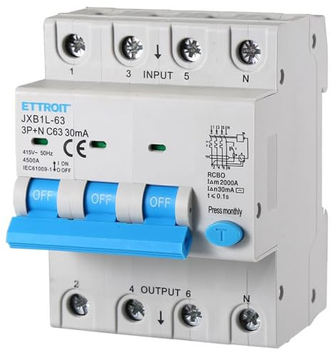 380V 63A C63, INTERRUTTORE MAGNETOTERMICO DIFFERENZIALE SALVAVITA, 3P+N, MONTAGGIO SU BARRA DIN, 4 MODULI, 30mA, 4,5KA 4500A, RCBO, 415VAC