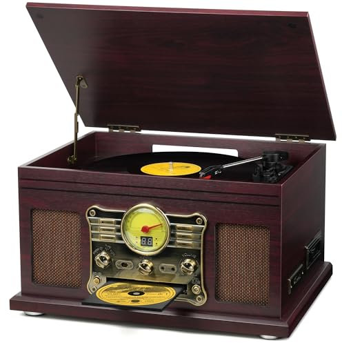 FEKTIK FEKTIK Giradischi Bluetooth 10 in 1, giradischi a 3 velocità per vinile con altoparlanti, convertitore da LP a MP3, CD, lettore di cassette, radio FM, streaming wireless, caffè