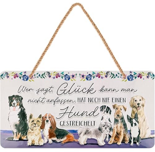 LANOLU Retro Blechschild Hund- Wer sagt Glück- Deko Hund Geschenke für Hundeliebhaber - Poster Metallschild mit lustigem Spruch als Dekoration für Garten und Küche mit Jutekordel 16x32cm