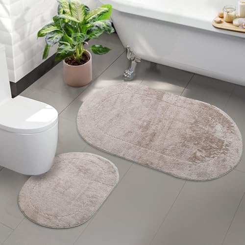 Bonny Home 2er Badteppich Beige rutschfeste Badematte mit Ledersohle | Weiche Bad- und Duschvorleger | Für Bad, Dusche und Toilette Maschinenwaschbar Badvorleger Rixos