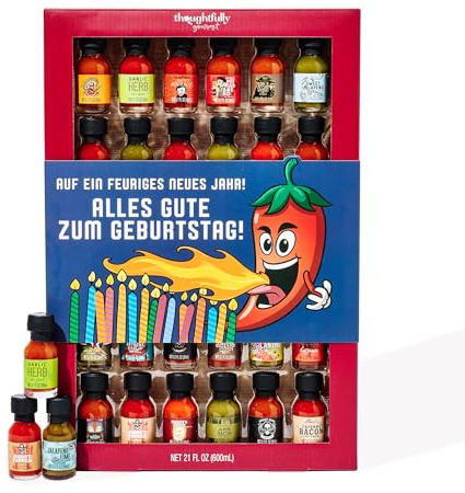 Thoughtfully Gourmet Master Hot Sauce Set - 30 Saucen, Geburtstag | 30 scharfe Saucen wie Knoblauch-Kräuter und Apfel-Whiskey in Geburtstagsbox - für Schärfe-Fans - originelle Geschenkidee