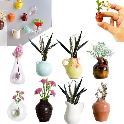 Magnetic Plant Pots for Fridge, Mini Bud Vases Magnetic, Mini Potted Succulent Artificial Plants Refrigerator Magnets Stickers for Magnet Boards Fridge Home Office Decor (8pcs)