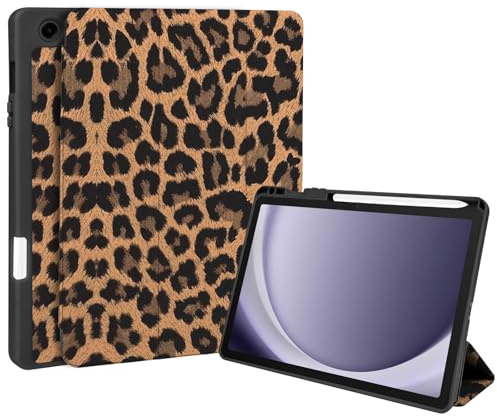 Fycyko Compatible with Samsung Galaxy Tab A9 Plus,Tab A9+ Case,11 Inch 2023 Case, Cute Leopard Pattern Protective Case with iPad Pencil Holder & Tip Cover-Brown