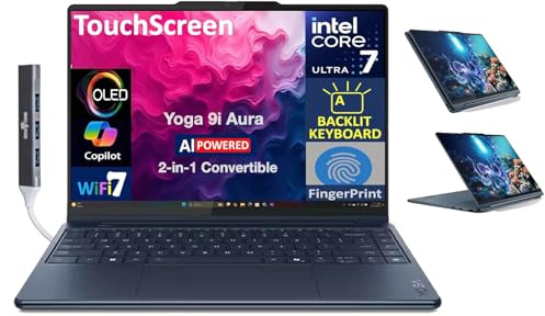 Lenovo Yoga 9i Aura Edition HIGH Performance 2-in-1 Laptop 14.0 Touchscreen OLED 2.8K Display (Intel Ultra 7-258V, 32GB LPDDR5X, 1TB SSD, Backlit KB, Fingerprint, Win11Home) w/DKZ USB Port Expander
