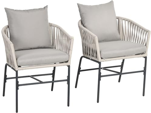 Outsunny 2er-Set Gartenstühle mit Kissen Gartenmöbel im Boho-Stil Gartensessel Set, Gartenstuhl, Terrassenstuhl, Balkonstuhl, Metallrahmen, Beige, 57 x 60 x 71 cm