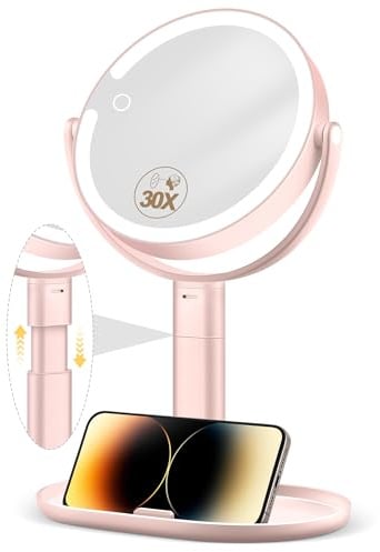 MOMOKUBA Kosmetikspiegel mit Beleuchtung, Vergrößerungsspiegel mit Licht 30fach, Schminkspiegel mit Beleuchtung 7, Doppelseitig 3 Farben 64 Led, Kosmetikspiegel mit Vergrößerung 360° Drehbar, Rosa