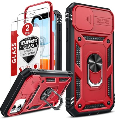 LeYi for iPhone 11 Phone Case with Camera Cover Slider,RedBlack | 2 Tempered Glass Screen Protector, Ring StHolder, 360 Full Body Tough Armour Cover Hard Heavy Duty Case for i Phone 11