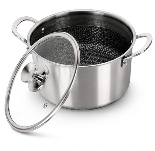 Royal Swiss® Casserole Inox 28 cm Triply – Intérieur Nid d’Abeille Antiadhésif Sans Revêtement – Tous Feux dont Induction – Avec Couvercle en Verre