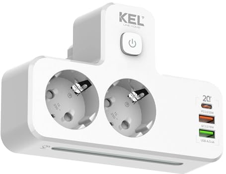 Doppelsteckdose mit Schalter,EIN/Aus-Schalter mit integrierter LED-Kontrollleuchte, 2× Schutzkontakt-Steckdosen (Schuko),2× USB-A & 1× USB-C Ladeanschlüsse