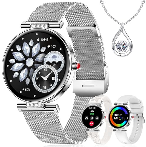 Smartwatch Donna 1.19'' AMOLDE IA Orologio Intelligente Donna con Chiamate Bluetooth/Notifiche WhatsApp/Sonno SpO2 Frequenza Cardiaca, 120+ Modalità Sportive Contapassi Smartwatch, Argento/3 Cinturino
