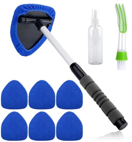 VAGCARS 9PCS Car Windscreen Cleaner, Auto Window Cleaning Tool, 180° Rotating Extendable Car Windscreen Cleaner Inside with 6 Reusable Microfiber Pads, 1 Spray Bottle, 1 Air Conditioning Brush