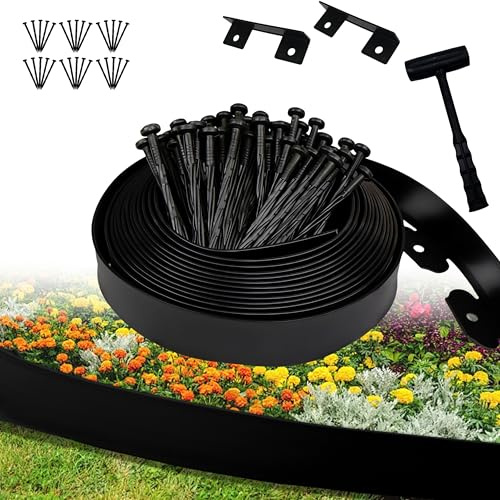 Bordure de Jardin Flexible 5cm,Longueur 10m,Bordure Jardin Exterieur Plastique,avec 30 piquets et 2 connecteurs + 1 Marteau (Bord Lisse, 5cmx10m)