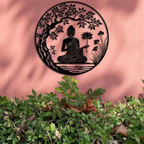 Buddha Statue aus Metall 40 x 40 cm (15,74 x 15,74 Zoll) Zen Bodhi Baum Skulptur mit filigranem Design Zen Wanddekoration für drinnen und draußen