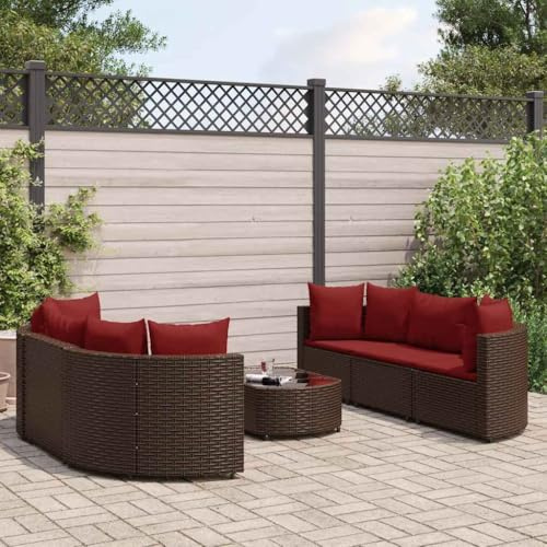 LoogCape Ensemble de canapé de jardin 7 pièces avec coussins, marron en polyrotin - Modulable - Pour terrasse et balcon - Résistant aux UV - Avec table basse en verre