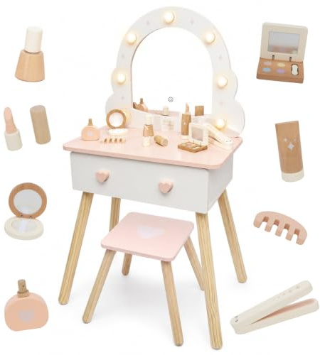 Nene Toys Sminkbord barn med pall och upplyst spegel, barnsminkbord av trä, 3 ljuslägen, toalettbord för flickor med låda, tillbehör, gåva från 3 år