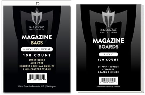 Max Protection Premium Magazine Bags and Backer Boards - Acid Free, Archival Safe Storage - 8.75 x 11 in - Crystal Clear, Ideal for Comic and Magazine Collectors (100 Bags 100 Boards)