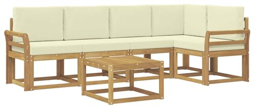 vidaXL Outdoor-Sofagarnitur 6 pcs Weiß und Creme Massivholz Akazie, Outdoor-Ecksofa, modernes Lounge-Set für Garten, Robustes Sitzmöbel für Terrasse, Entspannen
