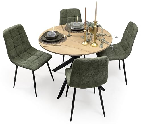 Homely® | Pack Comedor Moderno Core con Mesa Redonda 100 cm. Tapa Artisan y 4 Sillas Tapizadas Acolchadas Color Verde Musgo | Conjunto Mesa Comedor Estilo Nórdico Industrial | Cocina y Salón