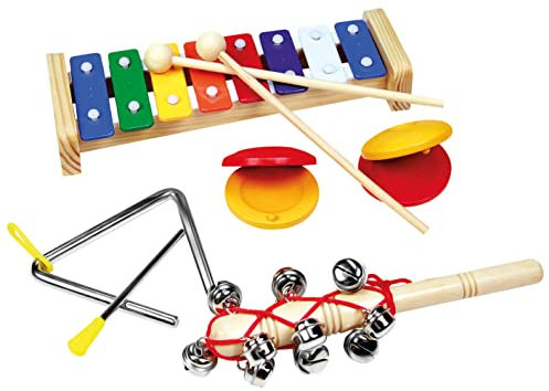 Bino world of toys Musikset Kinder Musik Instrumenten-Set aus Holz und Metall Spielzeug für Kinder ab 3 Jahre (4-Teilig, inkl.: Xylophon, Schlägel, Schellenstab, Triangel und Kastagnette), Bunt