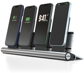 udoq 400 Aluminium Ladestation für iPhone & AirPods – Dockingstation mit 4 magnetischen Ladeplätzen (kompatibel mit MagSafe), Power Charger & Kabelbox, Silber eloxiert