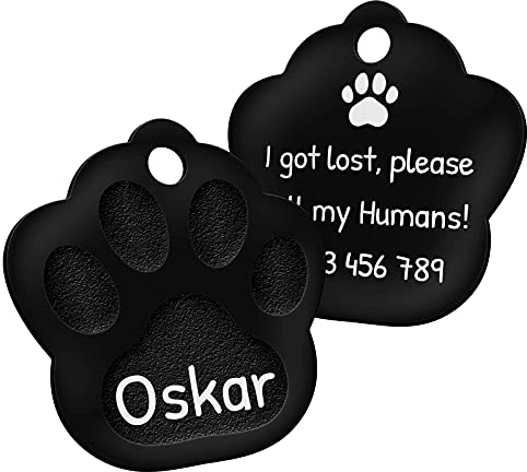 ENGRAVO Hundemarke Pfote in Schwarz 33mm mit Deiner persönlichen Gravur und 2 Schlüsselringe