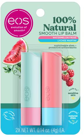 eos 100% Natural Lip Balm Sticks - Watermelon Frosé and Lychee Martini, All-Day Moisture, Dermatologist Recommended, All Natural Lip Balm, 0.14 oz, 2-Pack