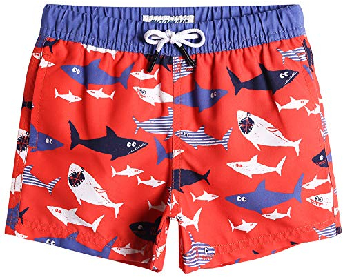 MaaMgic Badehose Jungen Sommer Badeshorts Schnelltrocknend Boardshorts mit Netzfutter Taschen und Verstellbarem Tunnelzug Urlaub Shorts Hai Rot,10-12 Jahre