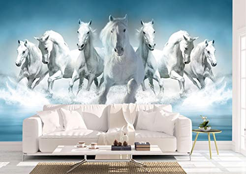 Oedim Fotomural Vinilo Para Pared Caballos Blancos en Agua | Mural | Fotomural Vinilo Decorativo |150 x 100 cm | Decoración comedores, salones, habitaciones