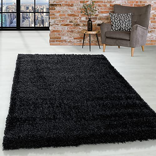 SIMPEX Teppich Wohnzimmer 200 x 290 cm Hochflor Teppich Schwarz Moderne Einfarbig Design - Schlafzimmer Teppich Pflegeleicht Extra Weich Extra Flauschig - Carpet Living Room Deko