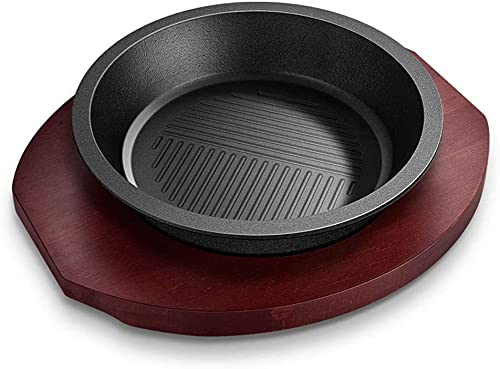 JINCAN Round cast Iron Iron Steak Plate and Wooden Base Iron Plate Skillet Steak Plate Restaurant Supply Home and Kitchen Cooking Accessories Perfect for pan Grilling Meat and Seafood (Size : A)
