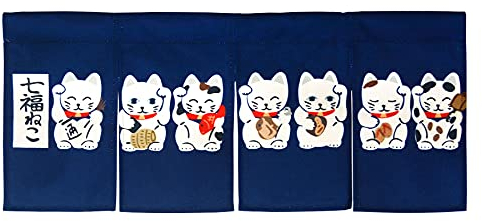 Ligcky Rideau japonais Noren à suspendre à 4 panneaux Motif 7 chats porte-bonheur 80 x 35 cm
