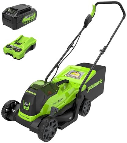 Greenworks 24V 13-Inch Brushless Push Lawn Mower, Cordless Electric Lawn Mower with 4.0Ah USB (Power Bank) Battery and Charger Included