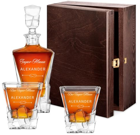 Maverton Ice Blink Whiskey Karaffe + 2er Whiskygläser Set mit Gravur | Whisky Dekanter, luxuriöses Design, Kristallglas, für Männer zum Geburtstag, Super