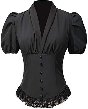 COSDREAMER Womens Victorian Corset Tops Shirts Gothic Steampunk Lace Up Blouse (2XL, Black)